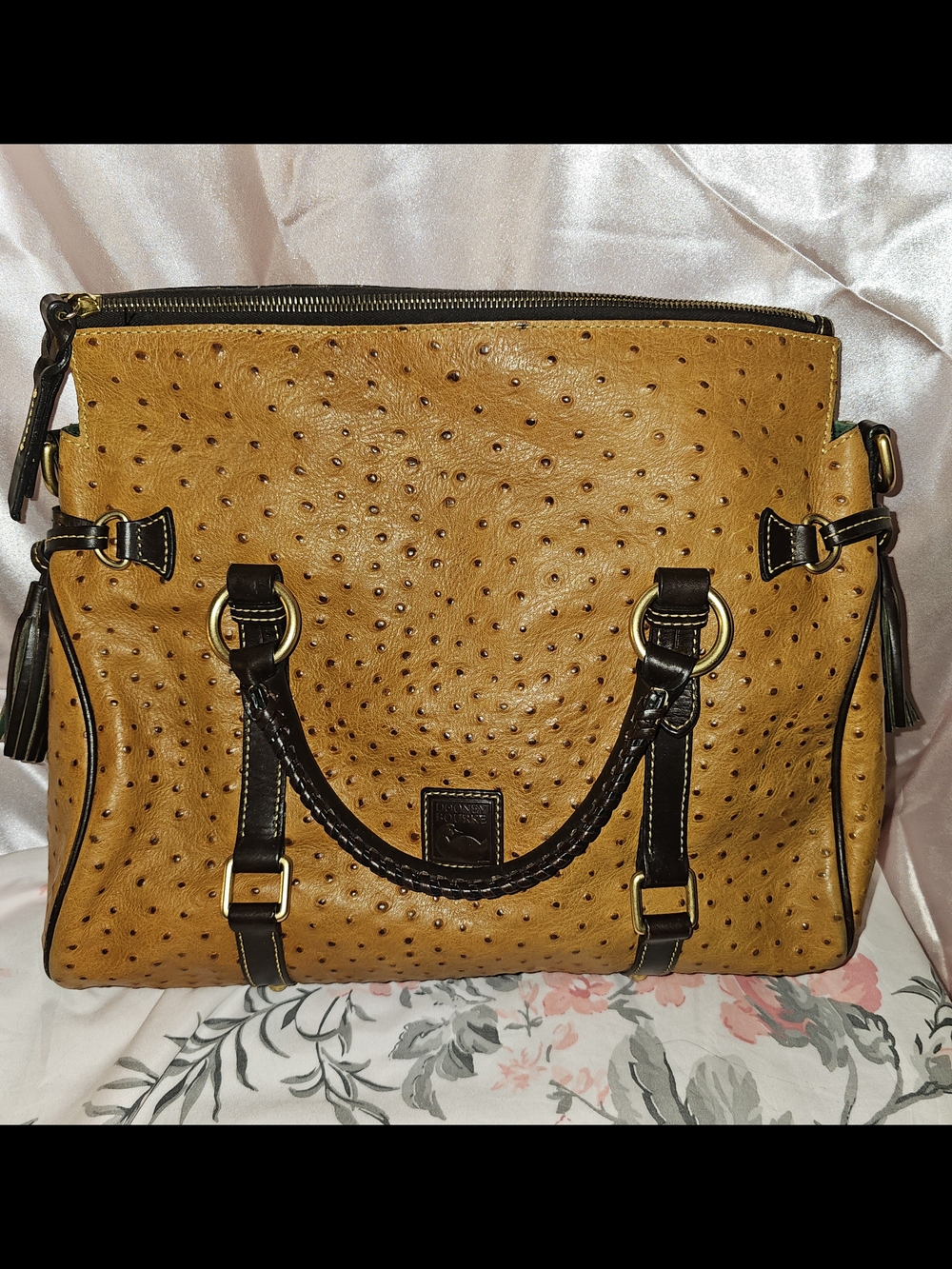 Dooney & Bourke Florentine Ostrich Leather Large Satchel - Cognac & Green Suede